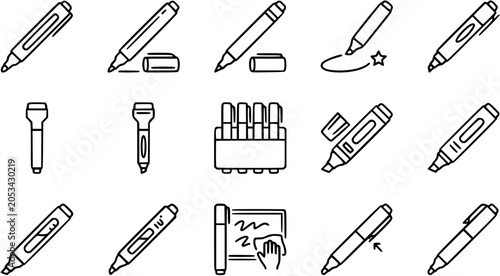 Принти на полотні Black and White Line Art Icons of Markers and Pens for Stationery and Art