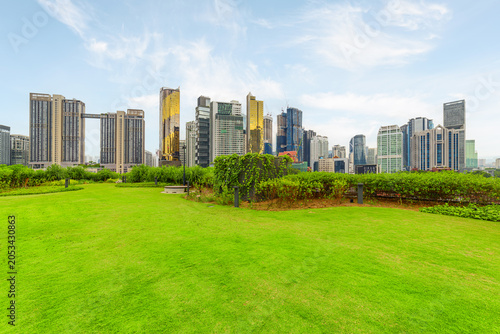 Photography View of contemporary high-rise buildings across green lawn