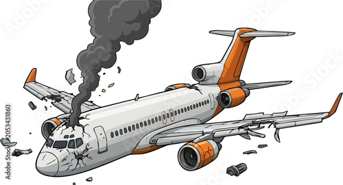 Картината върху платно Severely Damaged Passenger Airplane with Smoke and Debris, Aircraft Crash Emerge