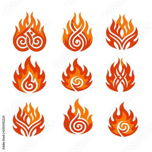 Fire vtribal fire emblem set, flowing flame shapes, symmetrical vector designector Collection.ai