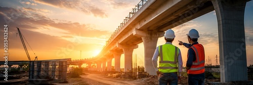 Bridge Construction at Sunset: Two engineers in hard hats and safety vests overlook a massive bridge construction project at sunset, surveying the progress against a dramatic sky.