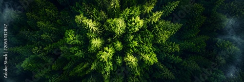 Misty Forest Canopy: An awe-inspiring aerial view reveals a dense forest canopy of evergreen trees, shrouded in a soft mist, creating a mysterious and tranquil atmosphere.