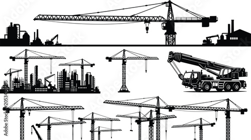 Construction tower crane silhouettes and heavy machinery truck vector emblems isolated on white background in image_a4ba27.png