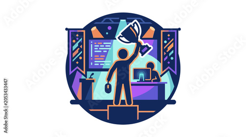 Schilderij op canvas A stylized illustration of a victorious gamer holding a trophy on a podium