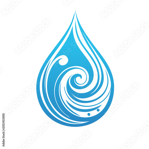 Blue water drop with swirl and wave graphic