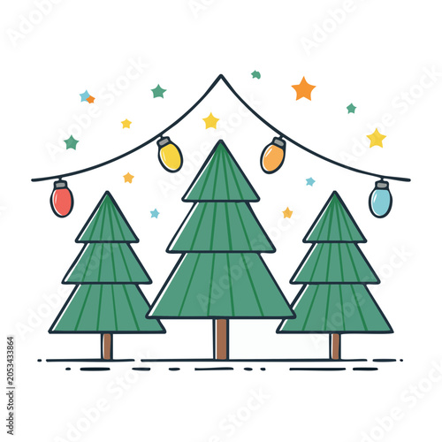 Christmas trees with festive string lights and stars