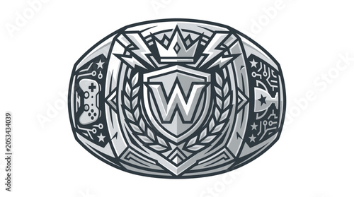 Tableau sur toile A detailed silver championship ring featuring a prominent letter W emblem and gaming motifs