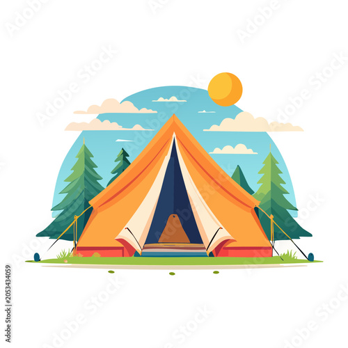 Tent in Forest Landscape Flat Design Illustration