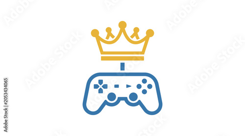 Foto A stylized graphic logo featuring a golden crown resting atop a blue video game controller