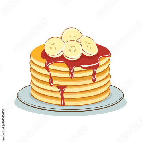 Stack of pancakes with banana slices and syrup on a plate