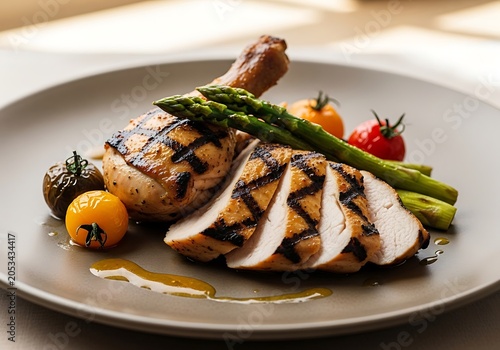 Perfectly cooked chicken grill with sliced breast and drumstick served with roasted asparagus and colorful cherry tomatoes on a neutral ceramic plate.