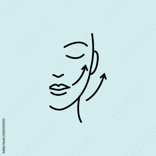 A minimalist line art icon of a woman's face profile with upward arrows, symbolizing skin lifting and wrinkle reduction. Ideal for anti-aging creams and clinical treatments.