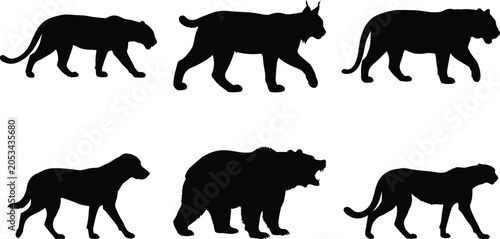 Photography Silhouettes of wild animals including big cats, bear, and dog in minimalist vect