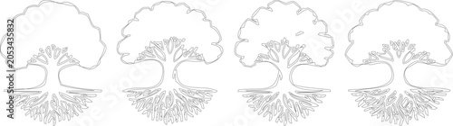 Bild auf Leinwand Stylized tree silhouettes and root systems, abstract outline drawings of four tr