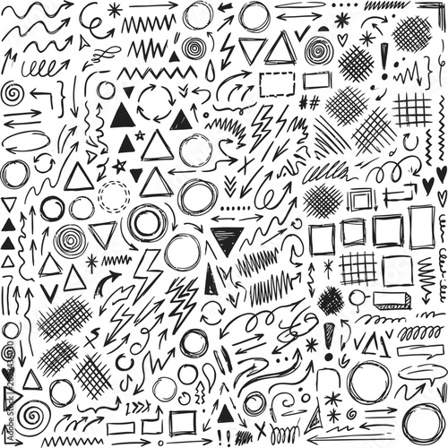 Hand drawn assortment of shapes arrows and doodles
