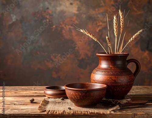 Rustic still life featuring earthenware pottery, wheat stalks, and wooden surfaces with a textured background