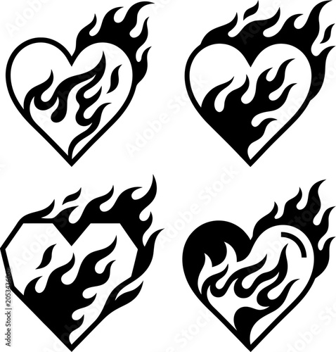 Set of four burning flame heart icons with illustration