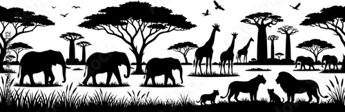 African safari wildlife landscape silhouette with wildlife