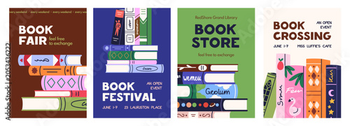 Book fair, festival, bookstore, reading event posters set. Ad flyer designs l...