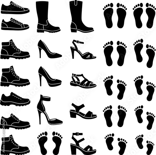 Set of various shoe styles and human footprint icons