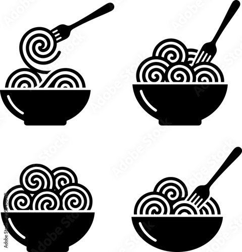Black and white pasta icons collection with spaghetti