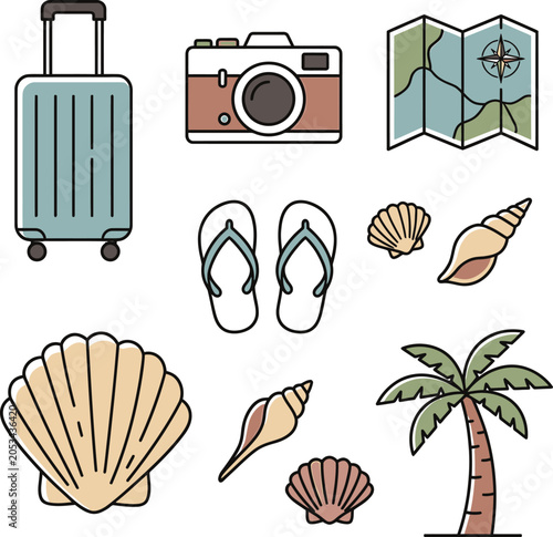 Set of colorful travel and vacation icons with vacation