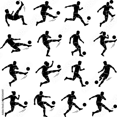 Black silhouette set of soccer players kicking ball