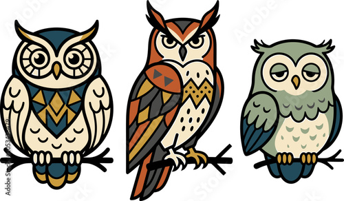 Collection of colorful illustrated owls on branches