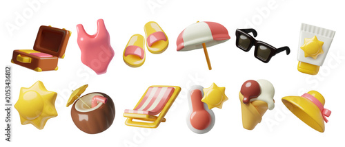 Summer vacation 3d elements collection. Suitcase, swimsuit, slippers, parasol, sunglasses, spf, sun, coconut, beach lounger, thermometer, ice cream, hat. Cute minimal vector illustrations pack