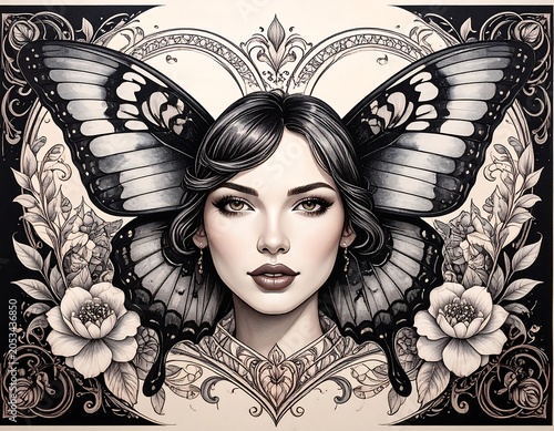 Portrait of a woman with butterfly wings and floral accents in grayscale