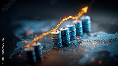 Illustration of oil barrels arranged in a rising graph pattern, with a glowing upward arrow indicating increased value or production. ..Created with Generative AI, not depicting real subjects.