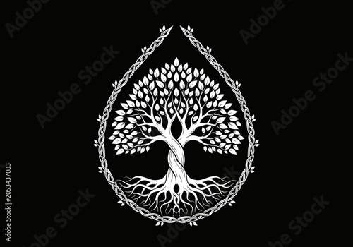 White tree of life icon with roots and vine frame