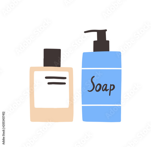 Soap dispenser and lotion bottle. Bathroom hygiene, skincare products. Skin c...