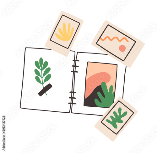 Scrapbook, sketchbook with abstract pictures and photo prints. Creative art j...