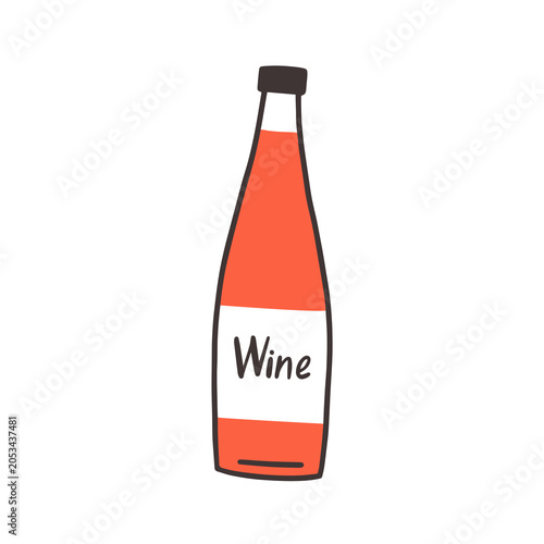 Red wine bottle with label in doodle style. Abstract vine alcohol drink. Alco...