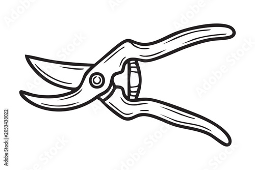 Line art depiction of gardening pruning scissors. Detailed drawing of horticultural snips with ergonomic handles. Precise sketch showing pair of trimming scissors for garden maintenance