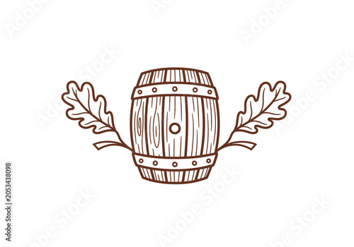 Brown wooden barrel illustration with oak leaves on white background