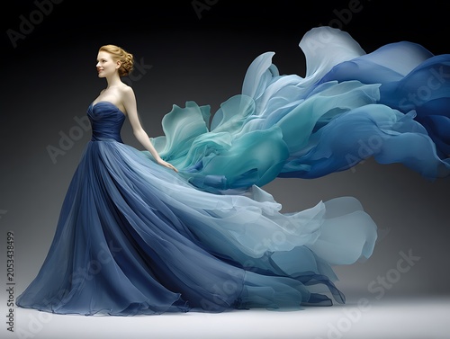 Ethereal woman in a flowing blue gown with fabric transforming into abstract ocean waves