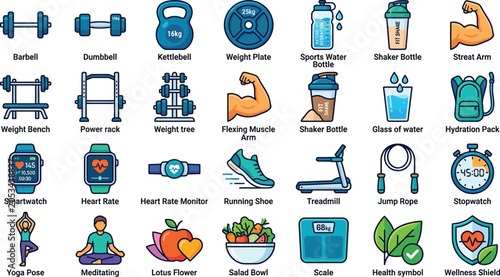 Colorful collection of gym and fitness icons set isolated on transparent background