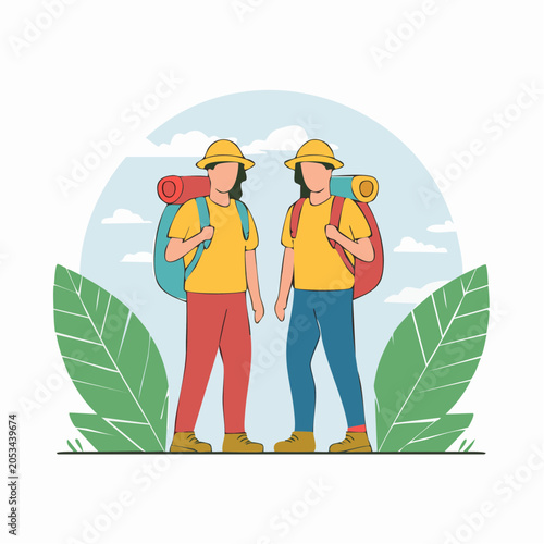 Two hikers with backpacks and hats in a natural setting