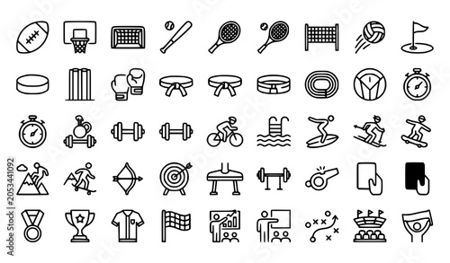 Photography Sports and Fitness Icon Set with Football Basketball Tennis Golf Hockey Boxing K