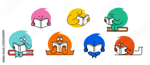 reading and book cartoon icons for book club, fair and market colorful poster and banner templates. cute series for book festival, bookshop and back to school designs