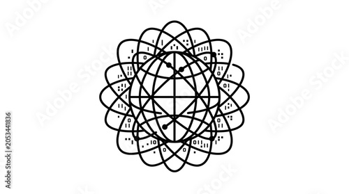 Foto Abstract geometric globe icon with intersecting orbital rings and binary code elements
