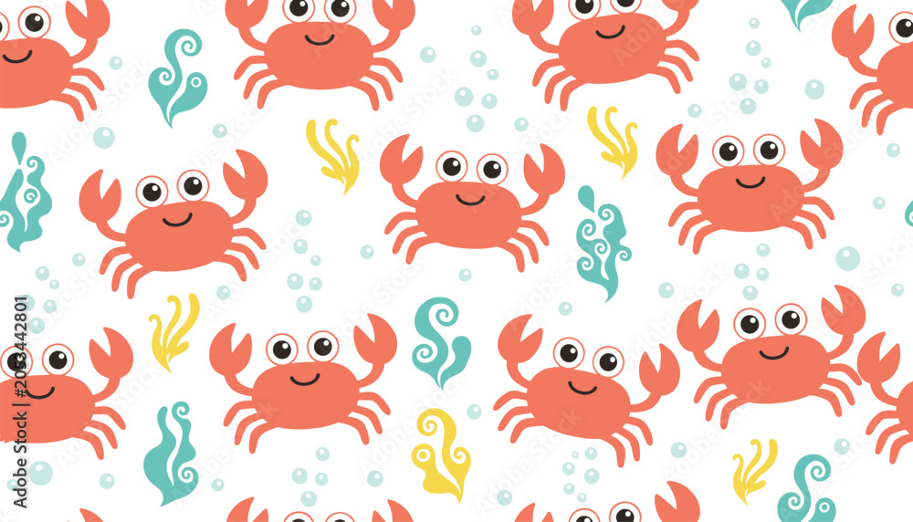 Fototapeta premium Seamless pattern of cute cartoon red crabs, seaweeds and bubbles on white background for fabric and wallpaper.
