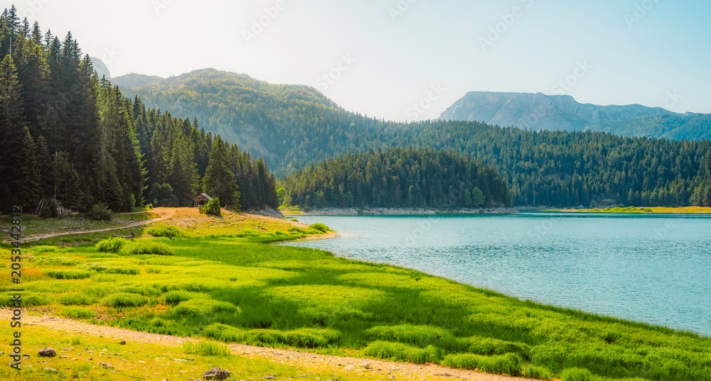 Fototapeta premium Black Lake (Crno Jezero) with the majestic Medjed peak in the background, Durmitor National Park, Montenegro.