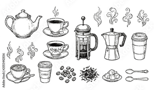 Coffee and Tea Hand Drawn Vector Illustration Set with Cups Beans Teapot and Brewing Tools