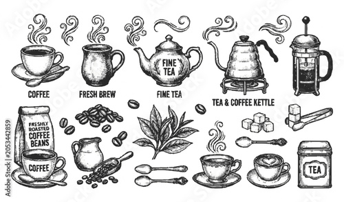 Hand Drawn Coffee and Tea Vector Elements Set with Cups Teapot Beans and Tea Leaves