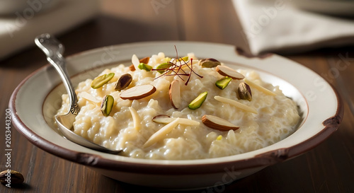 Kheer rice pudding is presented in an elegant bowl topped with slivered almonds and pistachios.