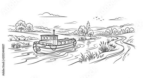 Photos Steamboat icon, line illustration, white background