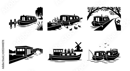 Obraz na płótnie Houseboat icon set silhouette, white background